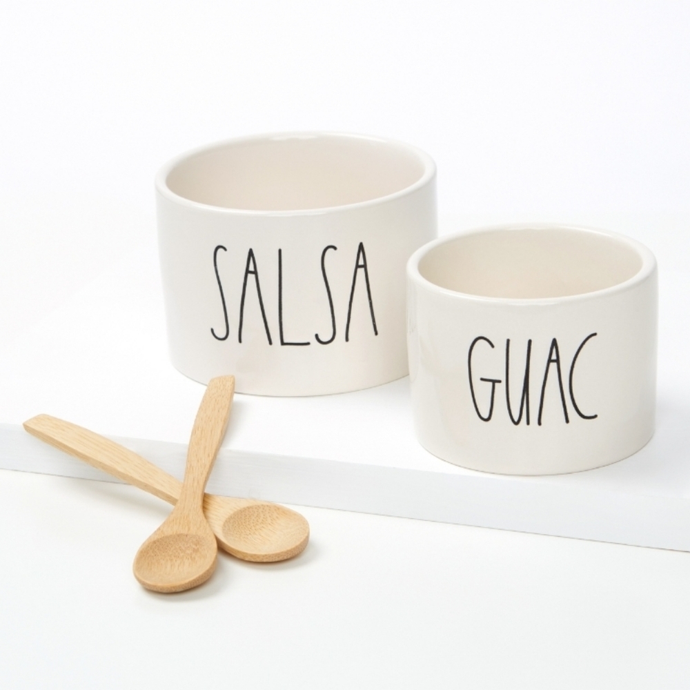 Rae Dunn By Magenta Guac/Salsa Bowls (With 2 Woode